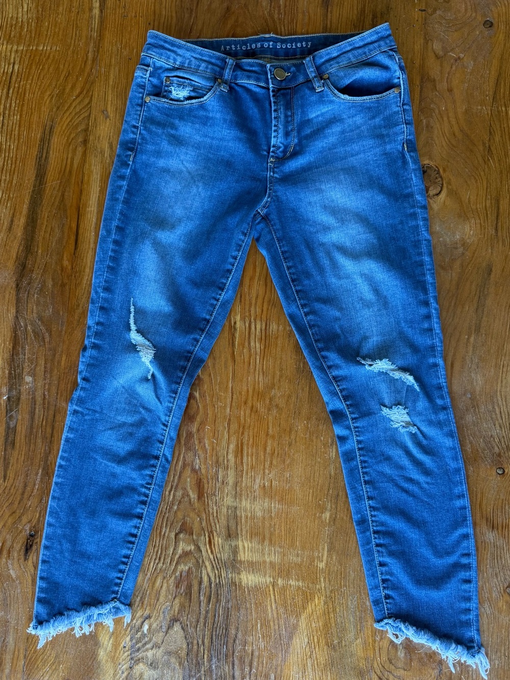 Articles of Society Blue Distressed Skinny Jeans with Frayed Hems Size 27